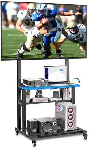 EZISE Outdoor TV Stand with Foldable Table, Tilt & Height Adjustable Rolling TV Cart for 32-75 inch TVs, Portable TV Stand on Wheels with 3 Storage Shelves, Hold up to 150 lbs, Black
