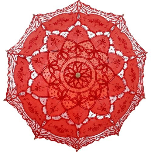 Bestage 30.7 Red Handmade Wedding Lace Parasol Umbrella,Bridal Decoration Dance Vintage Umbrella for Photo Tea Party Adult Size（1 PCS