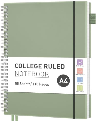 RETTACY A4 Spiral Notebook, Lined Journal, Notepad, 110 Pages, Light Green | Flexible Plastic Cover Note Book, 100 GSM College Ruled Paper, with Pocket, Pen Loop, Ruler & Bookmark - 21.5 x 27.9 cm