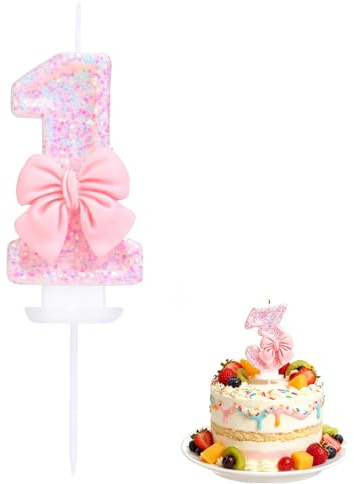 Candela Numero 1 con Fiocco Rosa & Farfalla 3D,Candeline Compleanno per Bambini Bimbi Adulti Decorazioni per Torta 1°Compleanno Matrimonio Feste Topper Brillanti Riutilizzabili