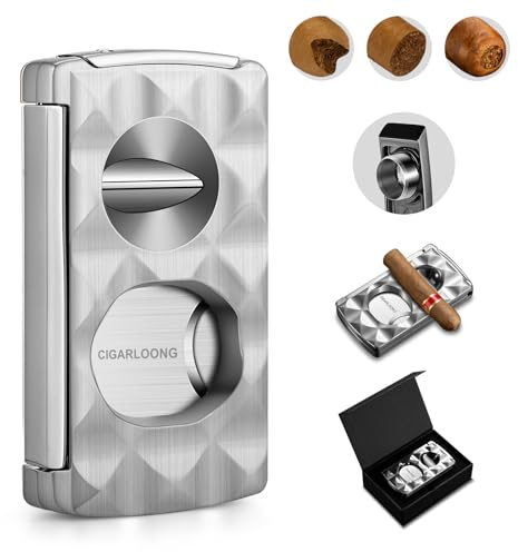 Cigar Cutter Stainless Steel 4-in-1,Double Blade Guillotine, V-Cutter, Cigar Punch, Cigar Holder with Pattern Finish, Gift Box Included (Sliver)