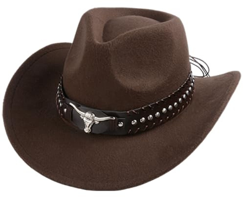 Western Cowboy Hat with Unique Bull Head Accessories Distressed Edged Outdoor Sun Protection Hat Wool Felt Multi Functional Unisex Cowboy Hat with Leather Strap and Vintage Design Occa(BROWN)