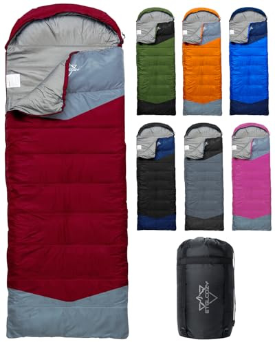 ETGLCOZY Lightweight 3-Season Sleeping Bag for Adults/Kids Camping, Compact w/Compression Sack, Waterproof Ripstop, Portable for Backpacking Hiking Travel, 50-80°F, Claret