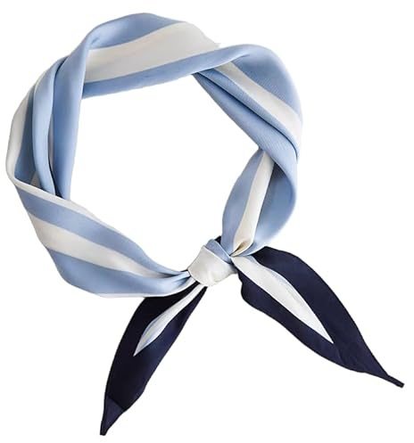GIMIRO Satin Schal 120cm x 36cm Rhombus Bunte Schals Floral Geometrische Damenkrawatte Hellblau-Weiß mit Marineblau Satin-Polyester (Light Blue White Stripes)
