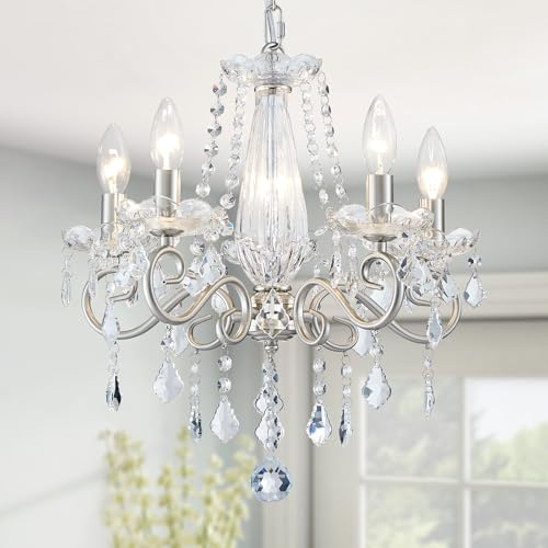 WUZUPS Lámpara de araña de vela de cristal colgante empotrada en el techo, iluminación moderna para dormitorio, pasillo, bar, cocina, baño, H42 W43, níquel cepillado, casquillo E14