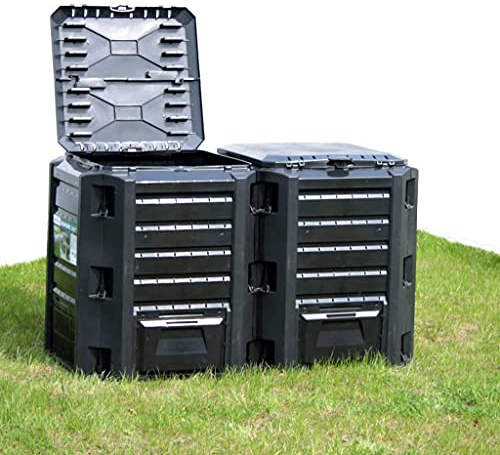Compostador de jardín de 1200 L, compostador rápido para residuos de jardín y cocina, resistente a la intemperie, de plástico para la extracción de humus, color negro