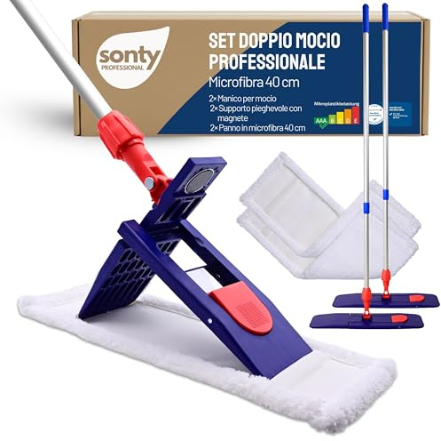 SONTY Professionell 40 cm mopp 2-pack – Golvmopp med magnetisk vikram, 40 cm mikrofiberduk & justerbara aluminiumhandtag | För proffsstädning & hårda golv