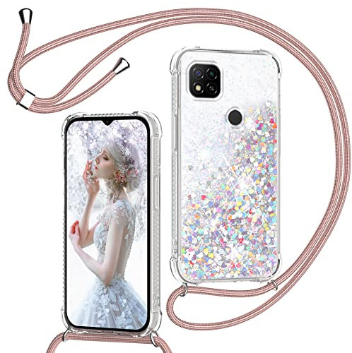 HUMUCASE Handyband für Xiaomi Redmi 10A/9C/9C NFC Hülle mit Band, Glitzer Treibsand Handyhülle mit Kordel zum Umhängen Transparent Stoßfest Schutzhülle mit Kette Schnur, Necklace Case in Roségold