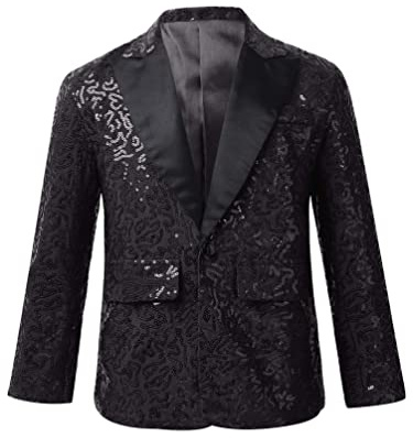 TiaoBug Enfant Garçon Paillette Veste de Costume d'honneur Mariage Cérémonie Soirée Manteau Blouse Gentleman Smoking Blazer Brillant Chemise Fête Carnaval 5-16 Ans Noir 11-12 Ans