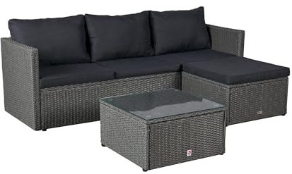 LC Garden Loungino Polyrattan Lounge grau-Mix für 3-4 Personen, Balkonmöbel Sitzgruppe mit Tisch + Hocker, Gartenlounge, Ecksofa für Balkon + Terrasse