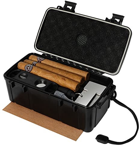 Reise-Zigarren-Humidorbox mit Zigarrenzubehör, spanischer Zeder, Luftbefeuchter, Zigarrenschneider und Zigarrenständer, Zigarrenstanzer, hält 12–15 Zigarren, wasserdichtes Gehäuse, bruchsicher,