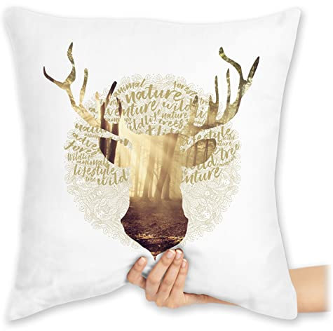 Kissen 40x40 Zierkissen - Dekoration - Hirsch Motiv Geschenk Jäger I Hirschgeweih Tracht - 40 x 40 cm - Weiß - jaeger geweih bavaria hirsche bavarian hirschen jagdmotiv tiermotiv tiermotive