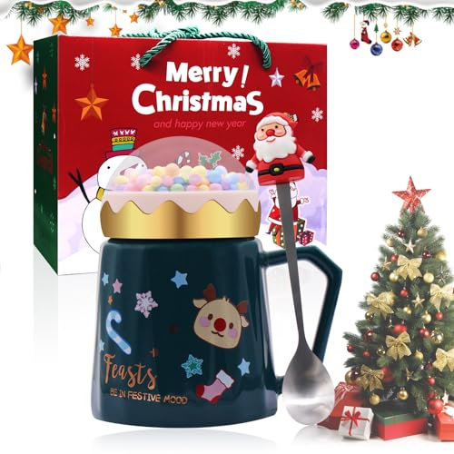 Horuili® Tazze di Natale, set di tazze di Natale con coperchio e cucchiaio, tazza di Natale in ceramica, tazza da caffè e latte, regalo per gli amici e gli amanti della famiglia per Natale, 420ml