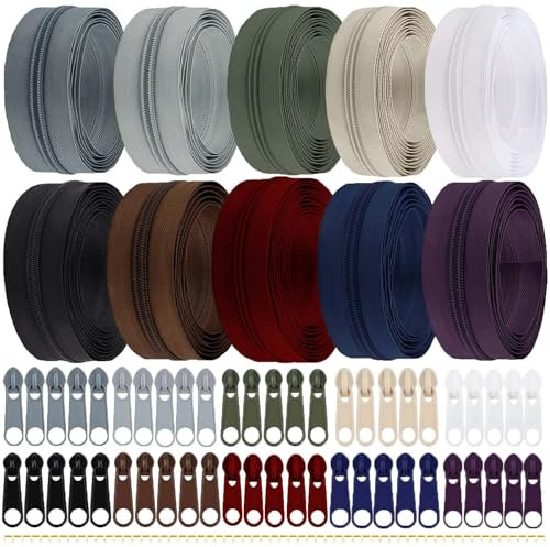 Cnwinu 30M Reißverschluss Endlosreißverschluss mit Zipper, 10 Farben DIY Reissverschluss Teilbar mit 50 Schieber, Reißverschluss Reparaturset für Nähen, Basteln und Tasche (10 Farbe-Modell 2)