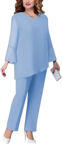 La Elegante Camisa de Gasa de Dos Piezas Las Mujeres los Pantalones de Cintura Alta el Traje de Dos Piezas el Vestido de Noche de Tul de Gran tamaño Elegante Vintage Dos Piezas (Azul Cielo,XL)