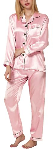 TANTOMI Pigiama Seta Donna in Raso con Bottoni Pigiami Due Pezzi a Maniche Lunghe e Pantaloni Lunghi Morbido Comodo Set Pigiama da Notte S-M