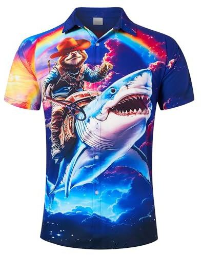 RAISEVERN Mens Shirts Shark Sloth Bad Taste Ugly Stag 3D Printed Funny Rainbow Funky Loud Rave Awful Crazy Hawaiian Loud Shirt Gifts, M