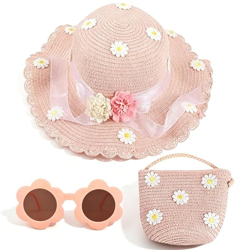 KDFSSIPE 3 Piezas Sombrero para el Sol para Niñas Gafas de Sol Mini Bolso de Paja con Flores Sombreros de Paja para la Playa de Verano Actividades al Aire Libre