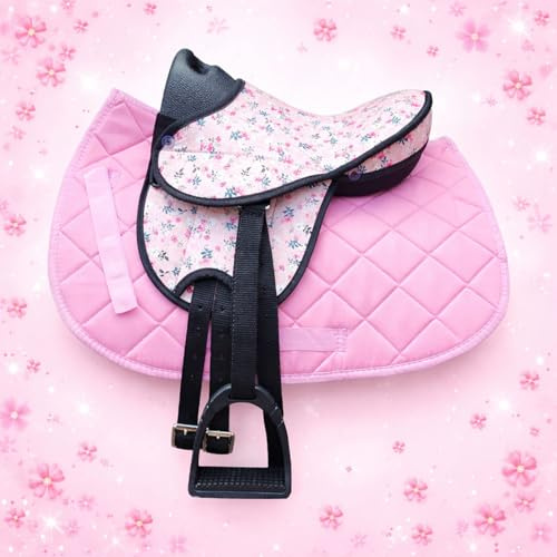 Brama West Selle de cheval en bois « My Happy Pony » | Selle pour cheval en bois Shetty Pony | Avec tapis de selle, sangle de selle, étriers et étriers | Selle Flower / couverture rose