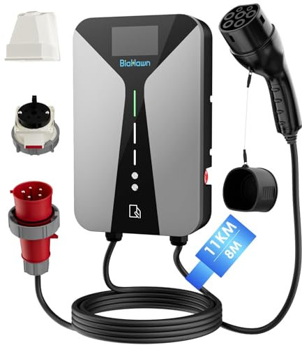 BiaHawn Wallbox 11kW 3-Phasen mit 4,3 Display,Typ 2 LadeKabel 8m CEE 16A,für E-Auto/PHEV mit FI-Schutz,Kabelhalter, IP65,Privathaushalt, Wohnanlagen, Gewerbe