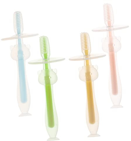 VINTORKY 4Piezas Cepillos de Dientes para Bebés con Base de Succión Silicona para Entrenamiento Infantil Diseño Ergonómico y Seguro para Encías Colores Diversos
