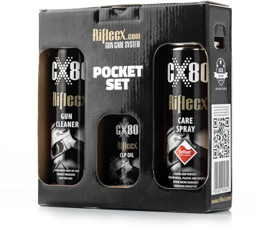 RifleCX - Set compatto per la pulizia delle armi da fuoco - Set di 3 pezzi per la cura delle armi - con spray detergente, prodotto per la manutenzione e olio per armi -per la caccia e il tiro sportivo