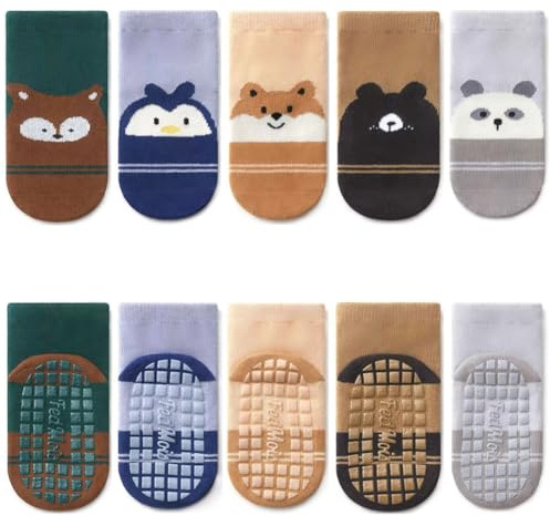 FedMois 5er Pack Baby Kleinkinder ABS rutschfeste Socken Sneaker Socken Tiermotive Baumwolle, Streifen, 3-5 Jahre