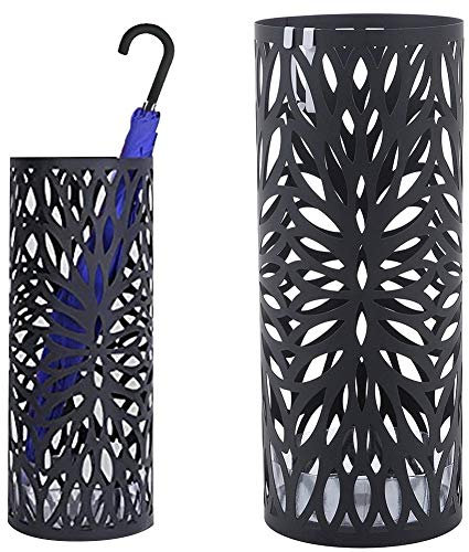Bakaji Portaombrelli Stand in Ferro Design Porta Ombrelli Forma Rotonda Colore Nero con Decorazione Intarsio a petalo Vaschetta Salva goccia e Gancio Ombrelli Pieghevoli