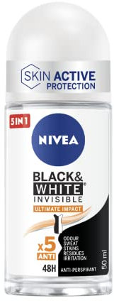 NIVEA Black & White Black Invisible Ultimate Impact Deodorante roll on da 50 ml, Deodorante donna antitraspirante 48h, Formula profumata che regola la traspirazione