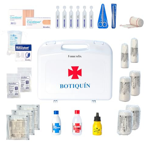 Ferretelix®. Botiquin maletín primeros auxilios con dotacion 310mm x 270mm x 80mm doble cierre de seguridad, incluye Antiséptico, Blanco