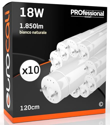 Eurocali 10x Tubi LED 120cm G13 T8 18W 1850 lumen Luce Bianco Naturale 4000K Fascio Luminoso 160° - Sostituzione Neon