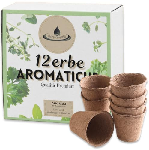 kit 12 Erbe Aromatiche, Officinali e da Cucina - Semi di Qualità da Coltivare in Giardino, Terrazzo e Balcone con Vasetti Biodegradabili e Guida alla Coltivazione - Orto Facile, MADE IN ITALY