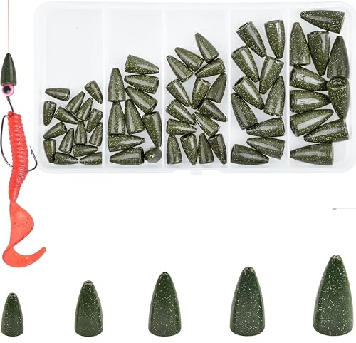 Bullet Fishing Sinkers Bass Fishing Weights Kit, 60pcs Worm Fishing Slip Weights Painted Pitching Flipping Weight Worm Weights for Bass Fishing Texas Rig Carolina Rig