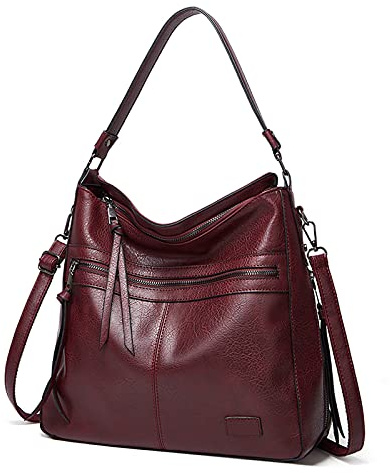 FANDARE Retrò Borsa Donna Spalla Tracolla Borsa a Tote Mano Pelle PU Impermeabile Messenger Rivetto Nappa per 12.9 Pollici PC Portatili Shopping Viaggio Partito Work Crossbody Bag Vino Rosso