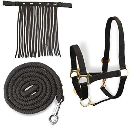 Headcollar for Horses with Lead Rope and Fly Fringe Horse, Halter with Knitted - Halter Pony Shetty Halter Cob Full Kb (Shetty, Black)