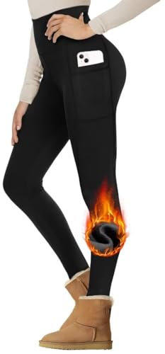 Gayhay Thermo Leggings Damen Winter Mit Taschen, Gefütterte Thermohose High Waist Hose Warm Blickdicht Strumpfhose Für Sport Schwarze L/XL