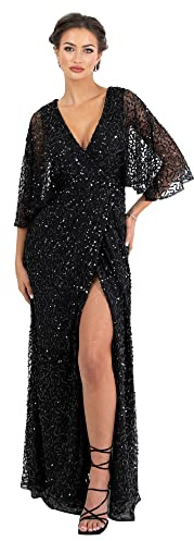 Maya Deluxe Damen Womens Maxi Dress Ladies Sequin Embellished Wrap A-Line Dress for Wedding Guest Bridesmaid Evening Prom Ball Occasion Kleid, Black,