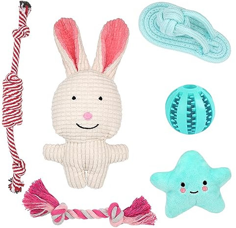 YSQEVN Hundespielzeug 6 Stück Langlebiges Seil Kauspielzeug und Quietschspielzeug Intelligenz Plüschspielzeug mit Naturkautschuk Zahnpflegeball für Kleine, Mittelgroße und Große Welpen