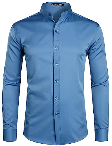 Parklees Chemises à manches longues pour homme - Coupe ajustée - Col à revers - Boutons sur toute la longueur - Style décontracté, bleu indigo, L