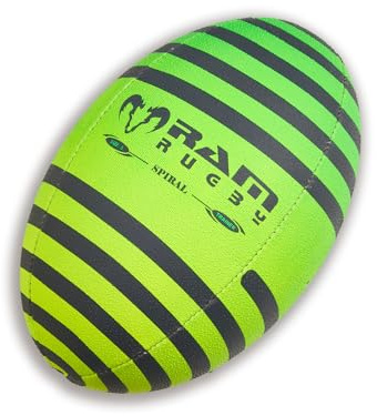Ram Rugby – Club Quality Fun Neon Spiral - Squad Training Ball - Sizes 5, 4, 3, & Mini – 3ply, 3-D Grip – Junior Children Mini Youth Adult Gift Street Trainer