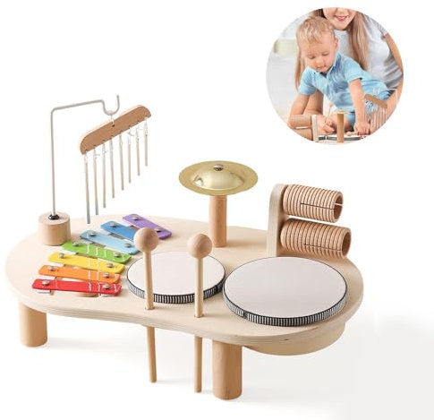 Schlagzeug Für Kinder Aus Holz, 7 In 1 Musik Kinderspielzeug, Montessori Lernspielzeug Schlagzeug Mit Xylophon, Kinder Trommel Set