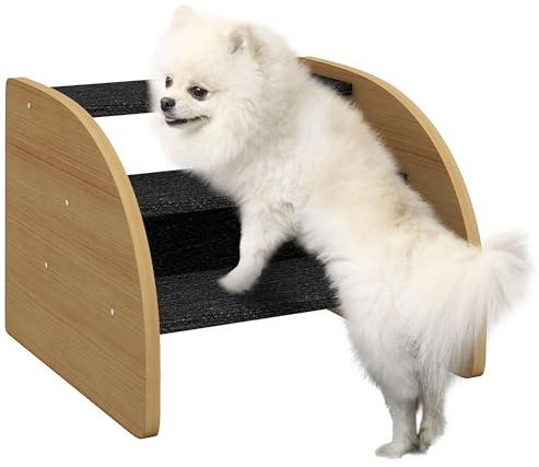 PawHut Hundetreppe 3 Stufen 30 cm Hoch Haustiertreppe mit Seitenwand Hunderampe für Kleine Hunde Katzentreppe Einstiegshilfe für Bett, Sofa, Couch und Auto Eiche