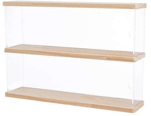 SUPERFINDINGS Soporte de Exhibición de Acrílico Vitrina de 2 Nivel para Figuras Funko Pop Caja de Almacenamiento de Vitrina de Madera para Colecciones Soporte de Exhibición 39.5x9.7x27.45 cm