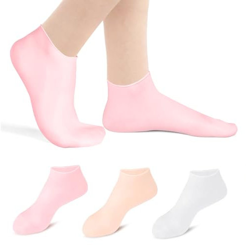 ACWOO Chaussettes Hydratantes en Silicone, 3 Paires de Chaussettes en Silicone, Chaussettes en Gel Hydratantes, Chaussettes Spa pour le Soin des Pieds Fissurés, Couleur peau, Rose, Blanc
