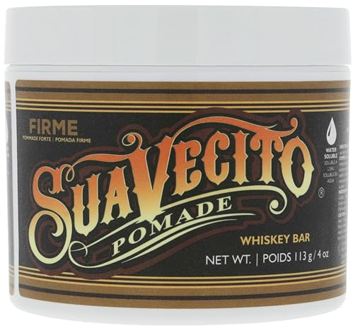Suavecito Whiskey Bar Firme Pommade à tenue forte, offre une tenue et un contrôle maximum avec un parfum de barre de whisky signature parfait pour les styles classiques et modernes 4 oz