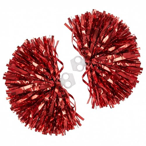 2 Pack Metallic Fluffy Cheerleading Pom Poms Ultra Shining Metallic Foil Cheerleader Pompoms Handheld Cheerleader Pompoms with Plastic Finger Ring for Team Spirit Sports Party Dance Cheering (Red)