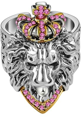 Yumikoo Pink Diamond Lion Ring for Men Titanium Stainless Steel Open Adjustable Ring