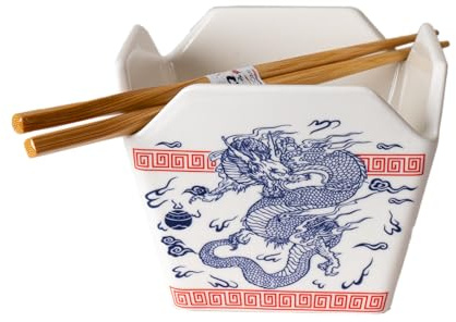 Urban Tokyo Chinese Takeout Box Porcelain Bowl with Chopsticks 18 fl oz Square Shape Rice Noodles Pasta to-Go Box-Shaped Bowl Microwave & Dishwasher Safe (Oriental Dragon)