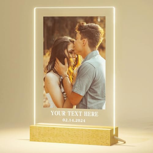 SENSING Cadre Photo Personnalisé Lumineux en Acrylique avec LED et Base en Bois, Plaque Photo Personnalisée pour Couple, Femme, Maman, Cadeau Anniversaire, Noël, Décoration Chambre