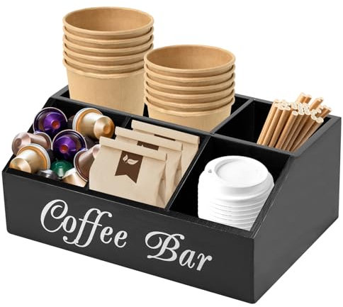 Organisateur de Café, 5 Compartiments Boîte de Rangement pour Accessoires de Bar à Café, Organisateur de Café en Bois Vintage, Station de Café et Sachets de Thé pour Lait, Serviettes, Capsules(Noir)
